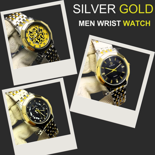 Ma1 Pro King Gents Silver Gold Wrist Watch | Stainless Steel Diamond Cut Quartz Watch For Boys & Mens (random Dial Color And Random Strap Color))